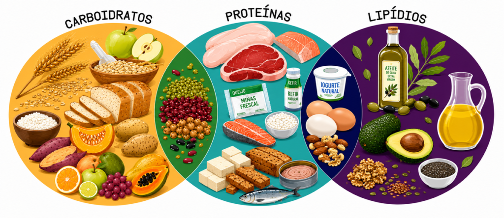 Infográfico educativo sobre os principais macronutrientes — carboidratos, proteínas e lipídios — destacando suas funções no organismo e exemplos de alimentos ricos em cada nutriente.