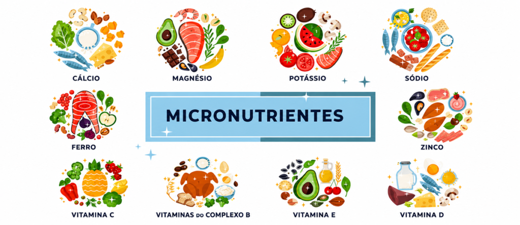 Infográfico educativo sobre micronutrientes, vitaminas e minerais presentes nos alimentos, destacando suas funções nutricionais e principais fontes alimentares.