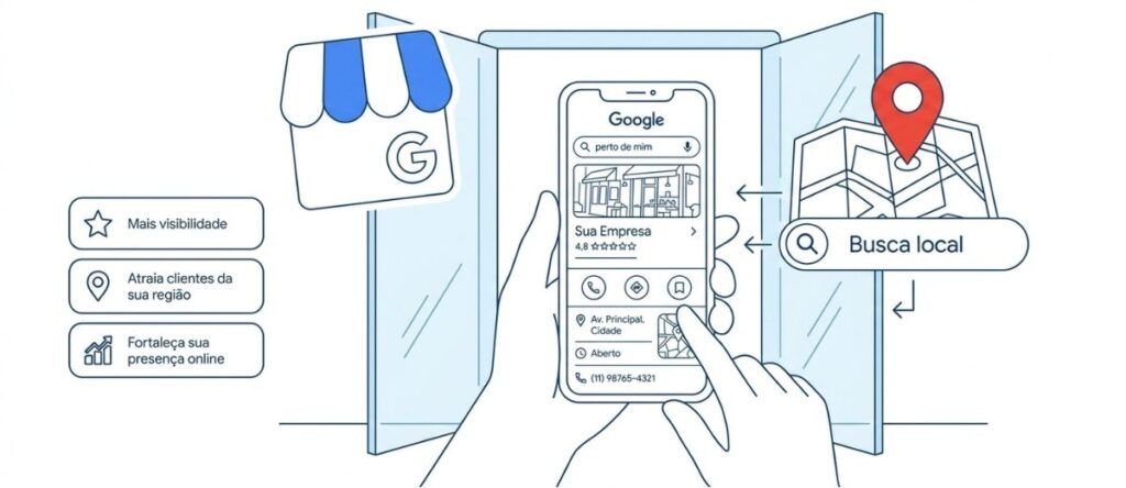 A presença da empresa nas buscas locais do Google facilita que clientes da região encontrem informações e entrem em contato.