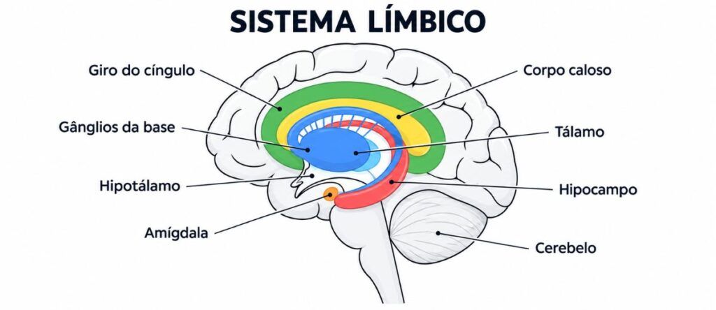 O sistema límbico participa do processamento das emoções, motivação e respostas relacionadas à recompensa.