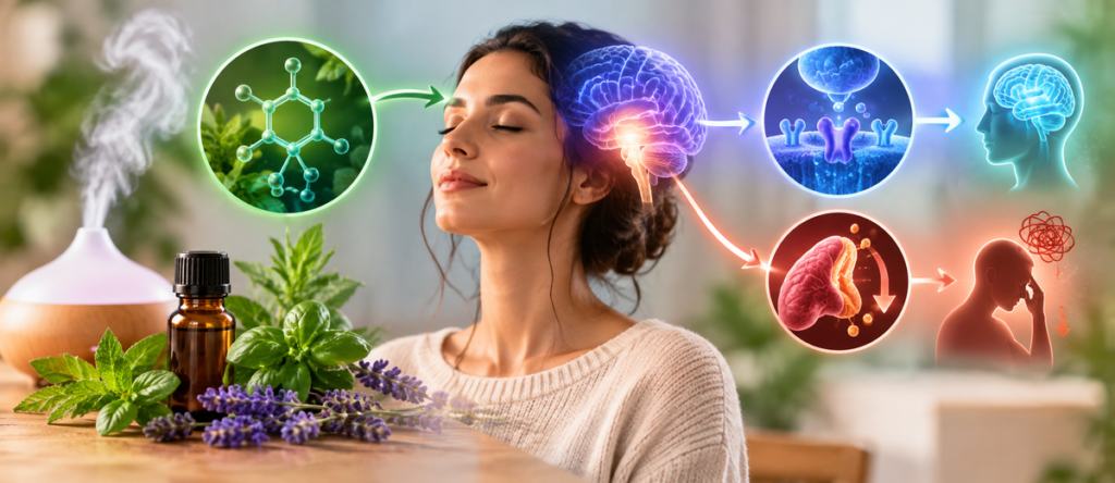 Compostos presentes em determinados óleos essenciais são estudados por suas possíveis relações com o relaxamento, o sistema nervoso e a resposta ao estresse.