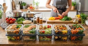 Combine proteínas, grãos, vegetais e saladas para montar refeições práticas e diversificadas ao longo da semana.