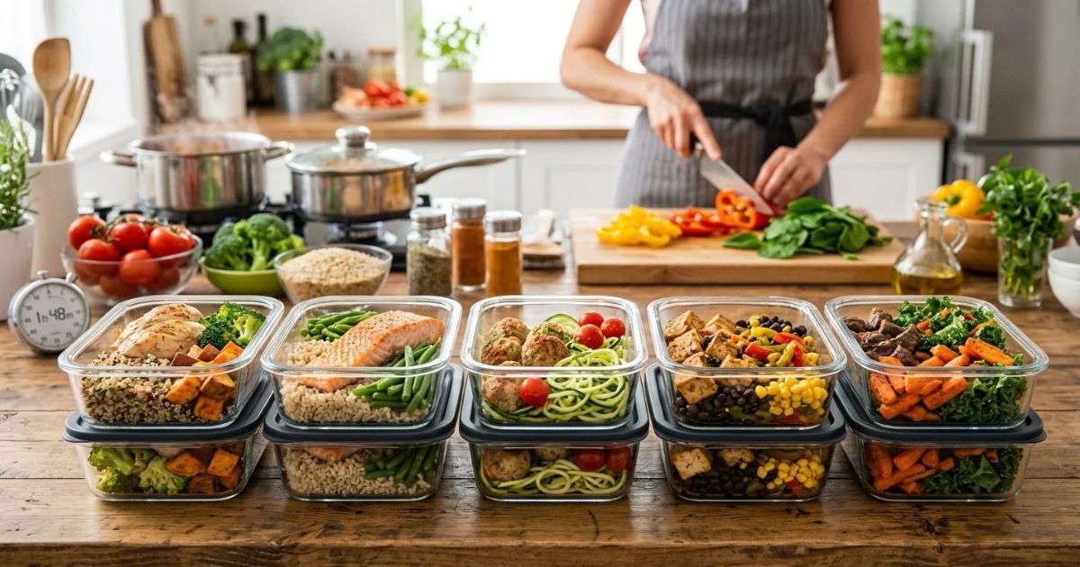 Combine proteínas, grãos, vegetais e saladas para montar refeições práticas e diversificadas ao longo da semana.