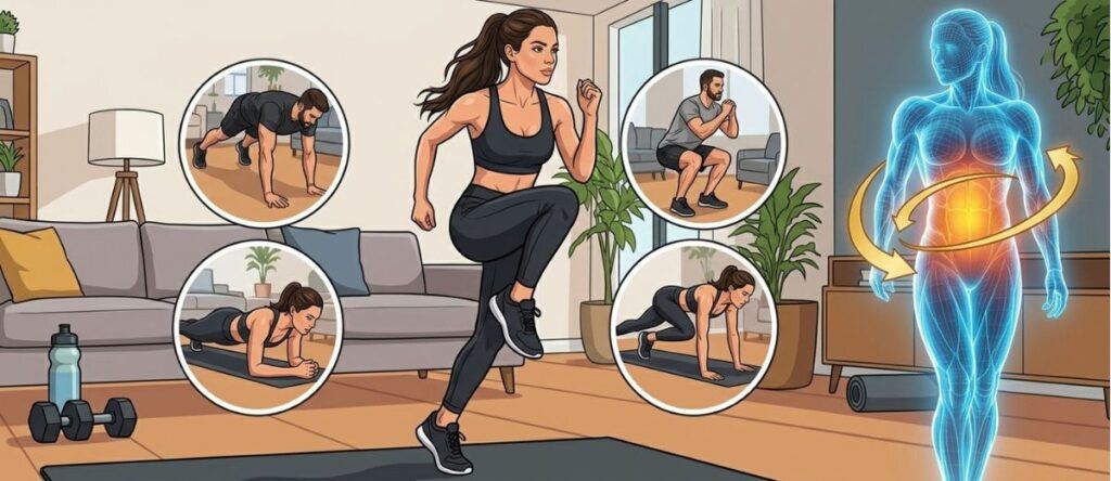 Circuito de exercícios de peso corporal para realizar em casa e trabalhar força, resistência e condicionamento físico.