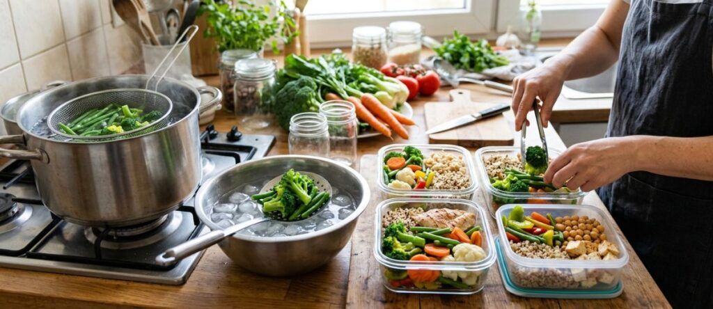 Organize suas refeições semanais com marmitas saudáveis, proteínas magras, legumes e alimentos nutritivos para facilitar a rotina alimentar.