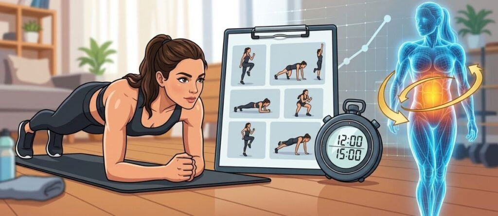 Exercícios de peso corporal combinados em um treino rápido para estimular o gasto energético e o condicionamento físico.
