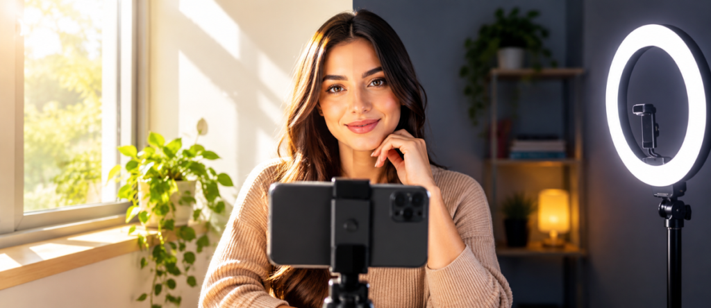 Aprenda a usar a luz natural e a iluminação artificial para gravar vídeos com o celular e melhorar a qualidade visual do seu conteúdo para as redes sociais.