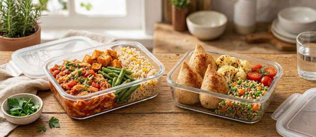 Marmitas caseiras com proteínas, vegetais e acompanhamentos variados para tornar a alimentação saudável mais prática.