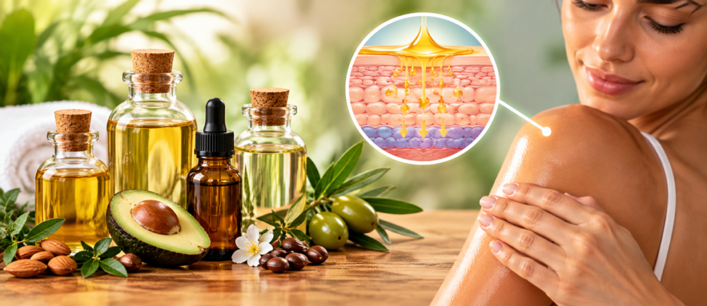 Óleos vegetais carreadores, como jojoba, amêndoas e abacate, são utilizados para diluir determinados óleos essenciais antes da aplicação tópica.