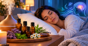 A aromaterapia com óleos essenciais pode complementar uma rotina relaxante para favorecer o descanso e o bem-estar.