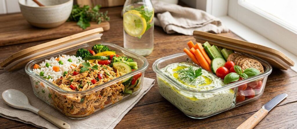 Prepare legumes, verduras e refeições equilibradas com antecedência para facilitar a alimentação saudável durante a semana.