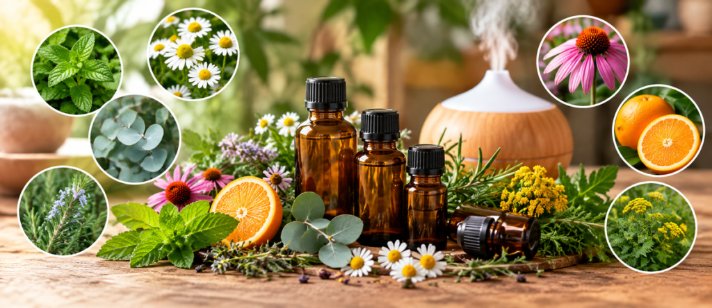 Lavanda, camomila, hortelã, eucalipto e outras plantas aromáticas oferecem diferentes perfis de aroma para aplicações específicas na aromaterapia.